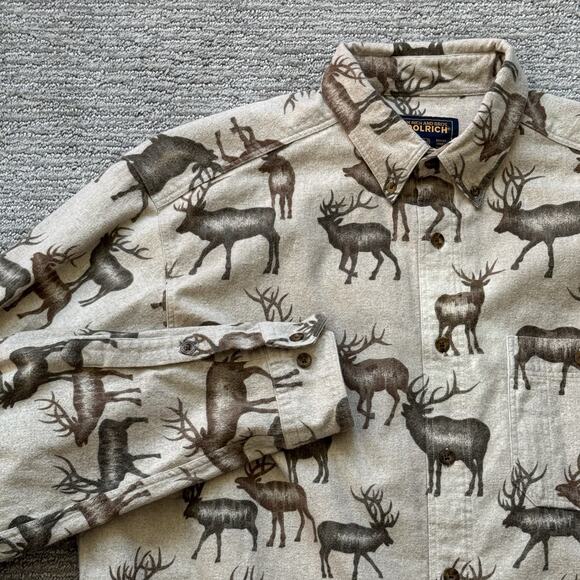 Vintage Men’s Woolrich 2XL Tall Elk Moose Button Up Flannel Khaki Brown Shirt - Picture 1 of 7